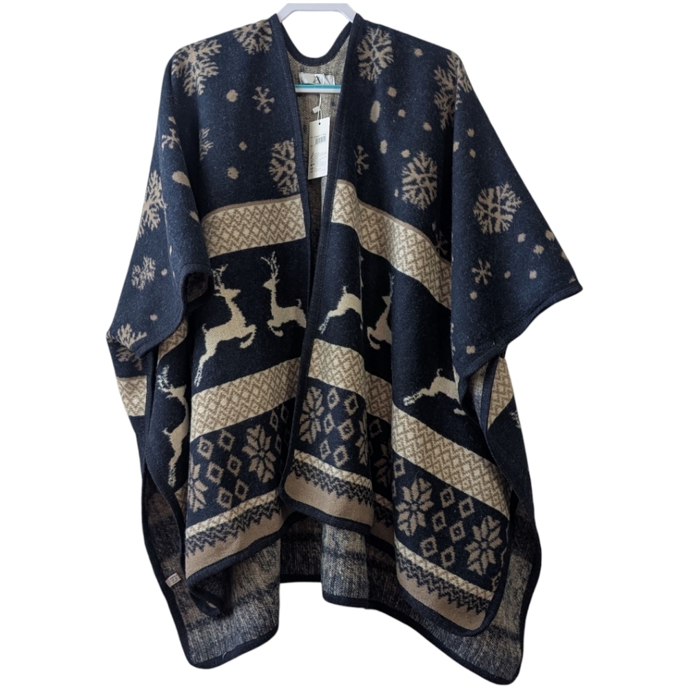 AZ WOMEN'S NAVY/BEIGE OVERSIZED WINTER-THEMED OPEN FRONT PONCHO SIZE OS